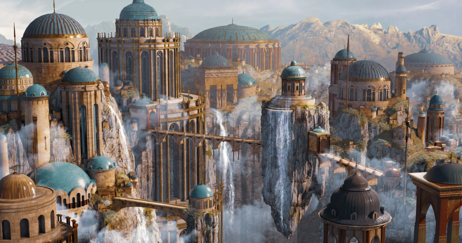 Fantasy cityscape with waterfalls and domed buildings.