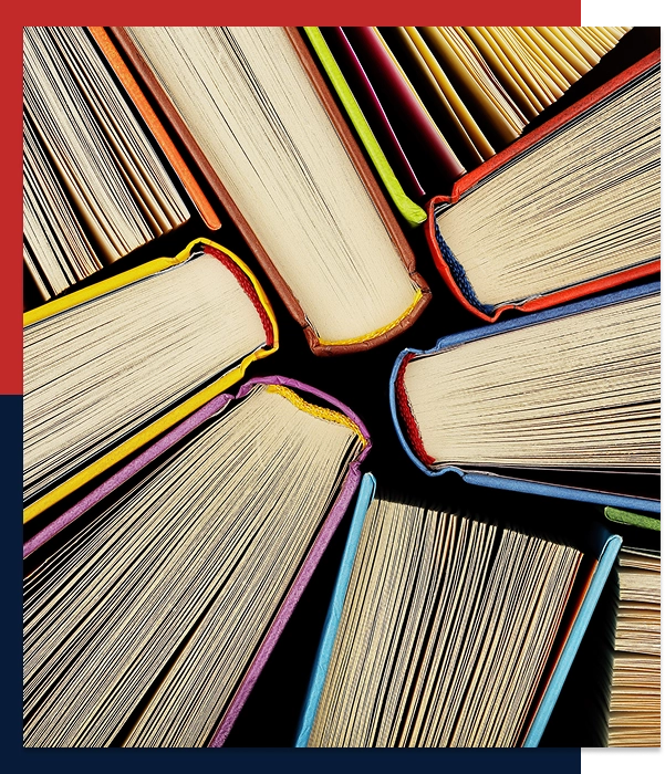 Colorful book spines arranged in circle.