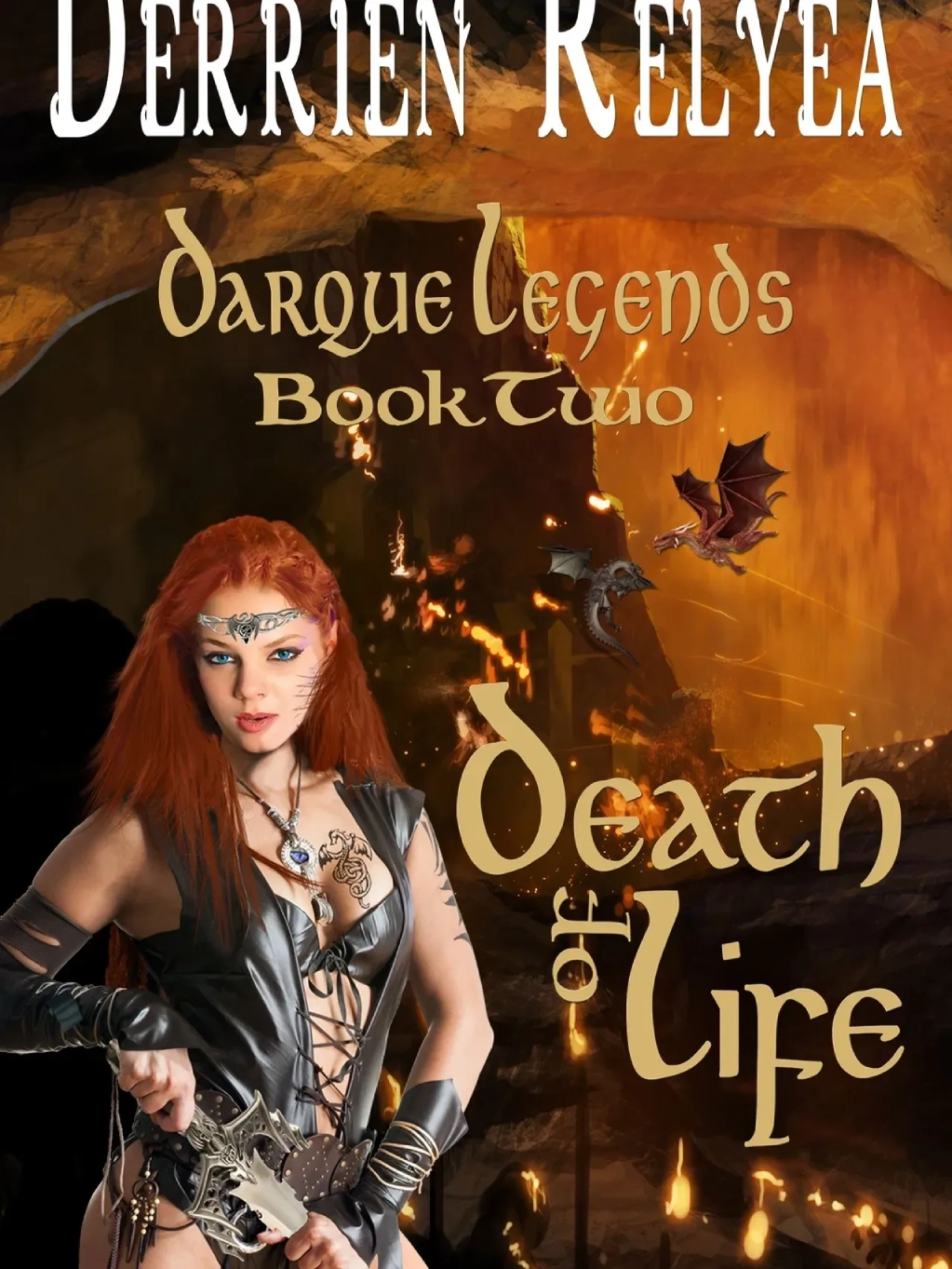 Fantasy book cover with warrior and dragon.
