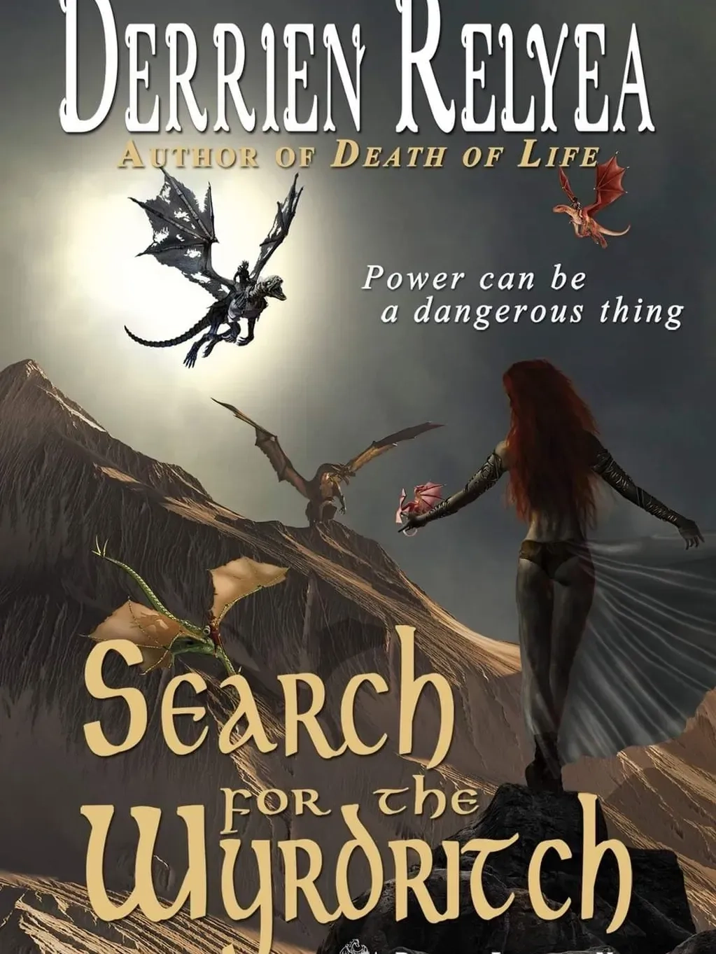 Fantasy book cover with dragons and woman.