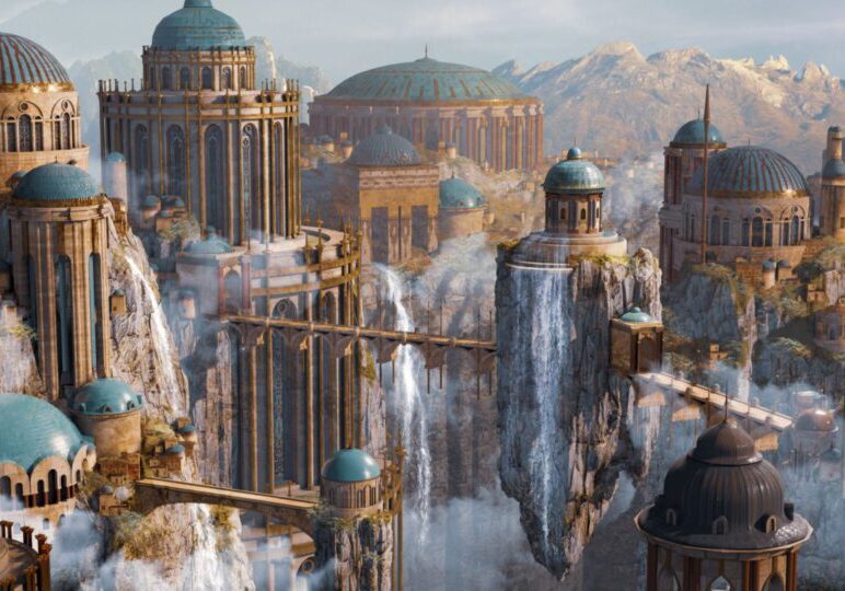 Fantasy cityscape with waterfalls and domed buildings.